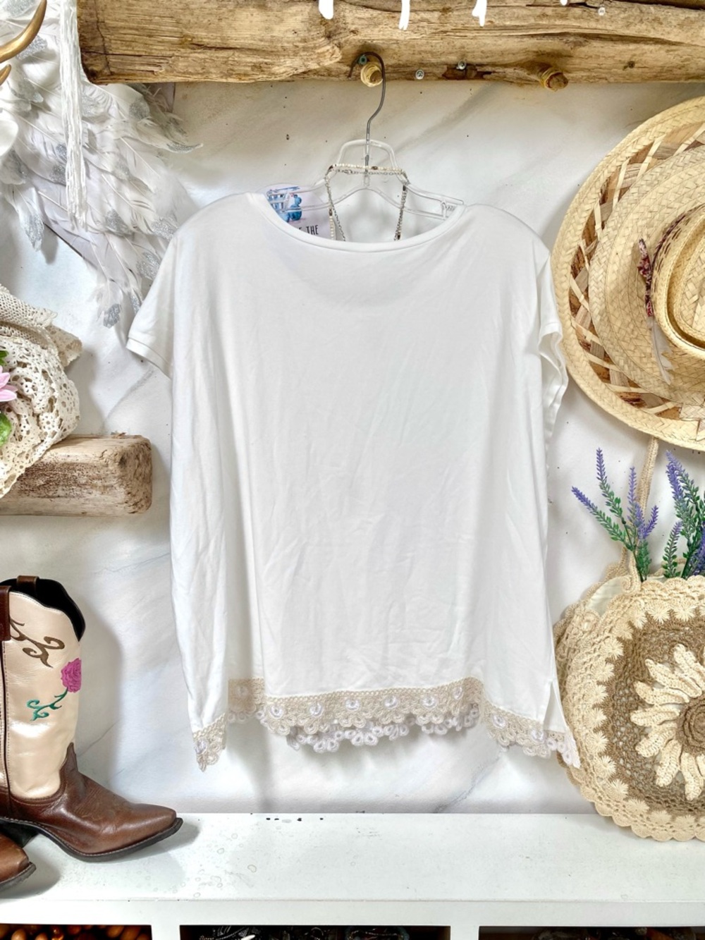 Crochet accents boho blouse w shabby chic prairie farmhouse vibe - Picture 7 of 8